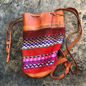 Vintage 80s leather and handwoven material backpack